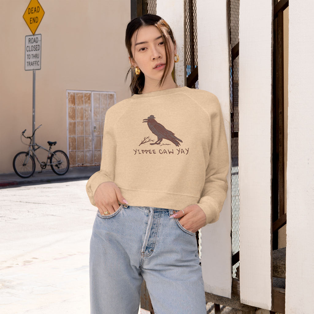 Women's Cropped Fleece Pullover with Crow Design, Trendy Sweatshirt, Cozy Layer, Gift for Western Lovers, Casual Wear, Fall Fashion