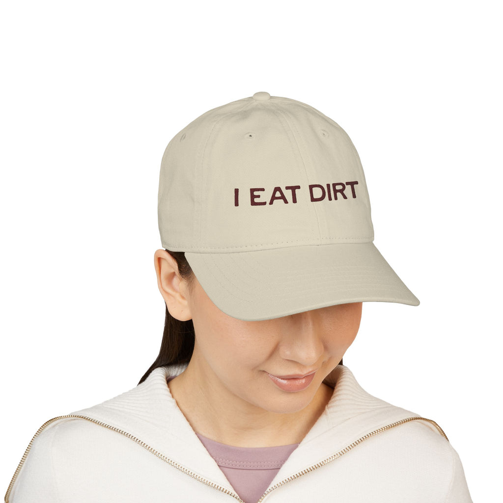 Organic Baseball Cap with 'I Eat Dirt' Embroidery | Funny Hat for Outdoors, Casual Wear, Gifts, Gardening, Sports