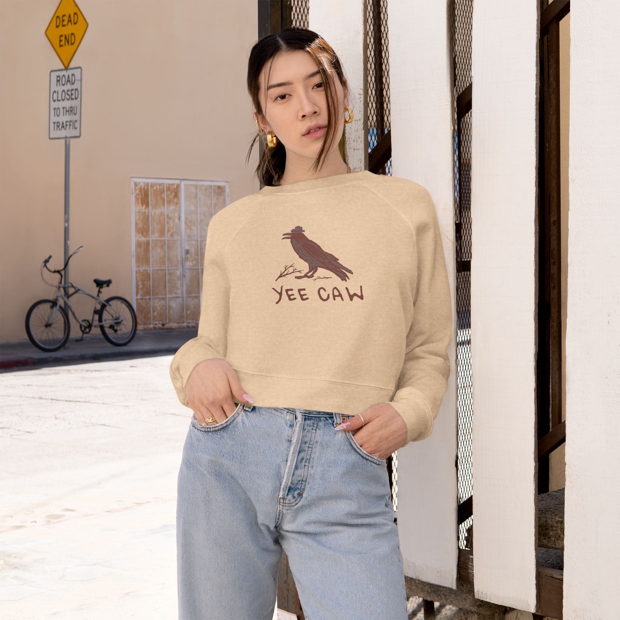 Cropped Fleece Pullover with Western 'Yee Caw' Design - Cozy Sweatshirt for Nature Lovers, Gift for Birthdays, Casual Essentials, Outdoor