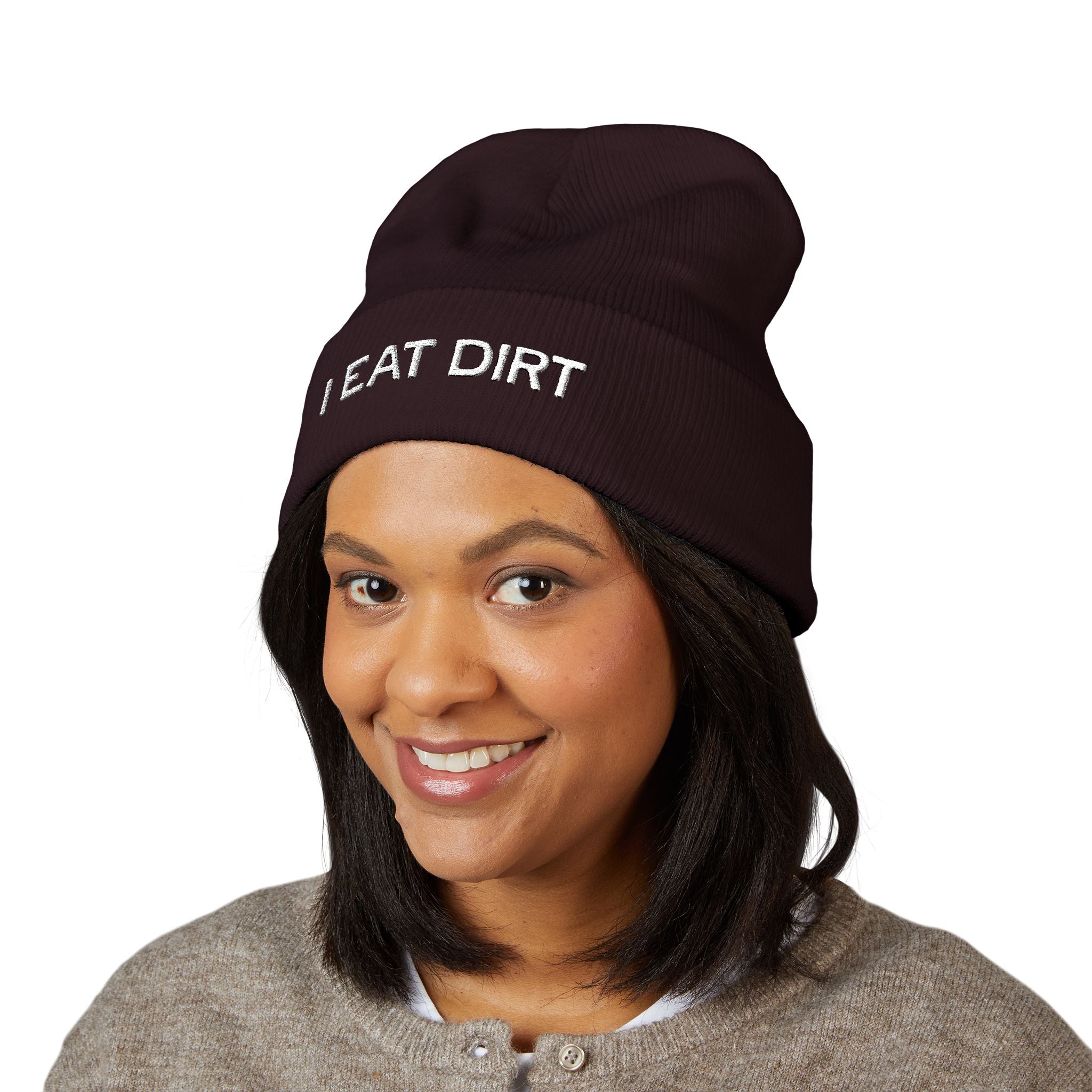 Embroidered Beanie, I Eat Dirt Hat, Classic Cuffed Hat for Adults, Winter Warm Accessory, Gift for Outdoor Lovers