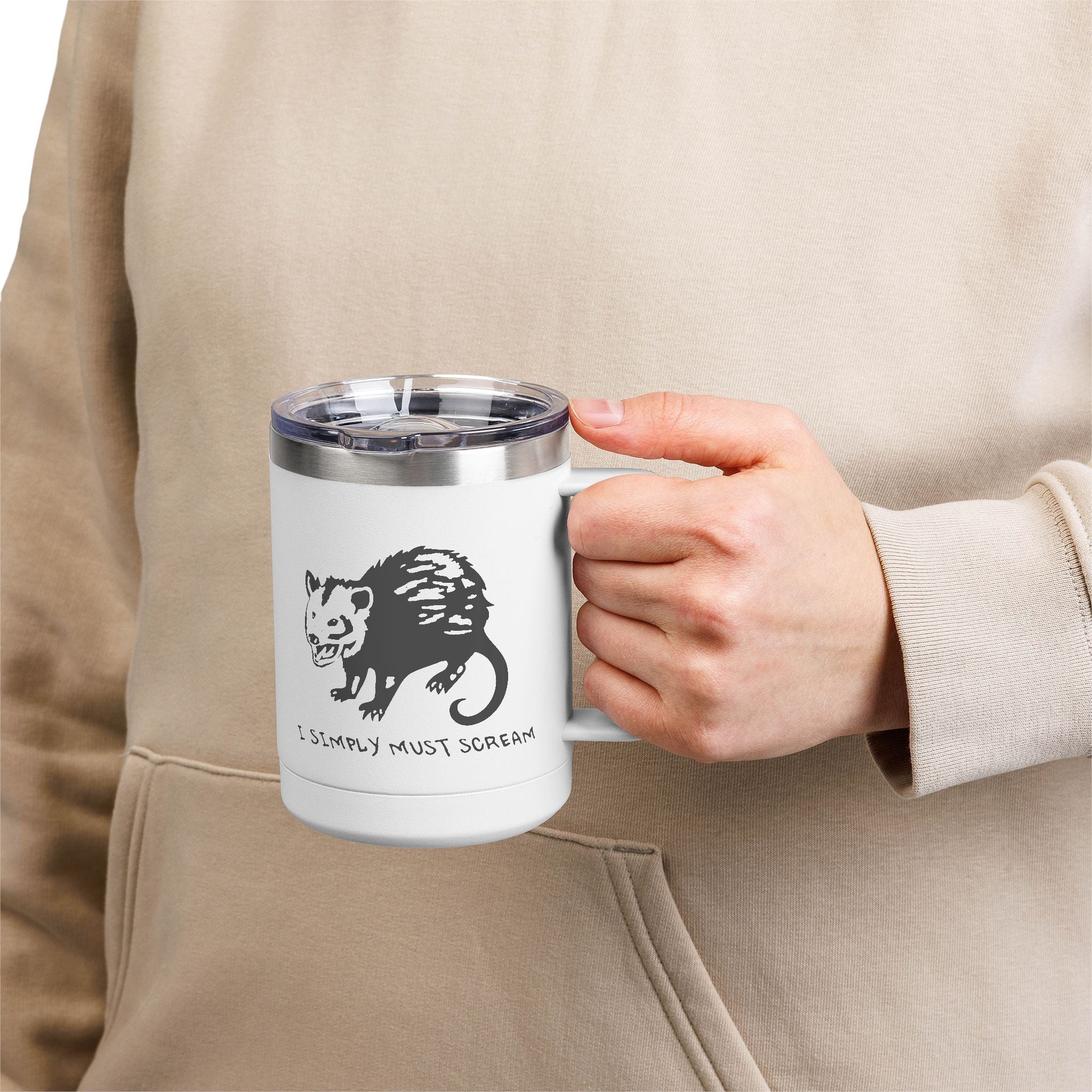 Funny Animal Coffee Mug Tumbler - I Simply Must Scream, Opossum Lovers Gift, Quirky Kitchen Decor, Perfect for Home Office, Birthday Present