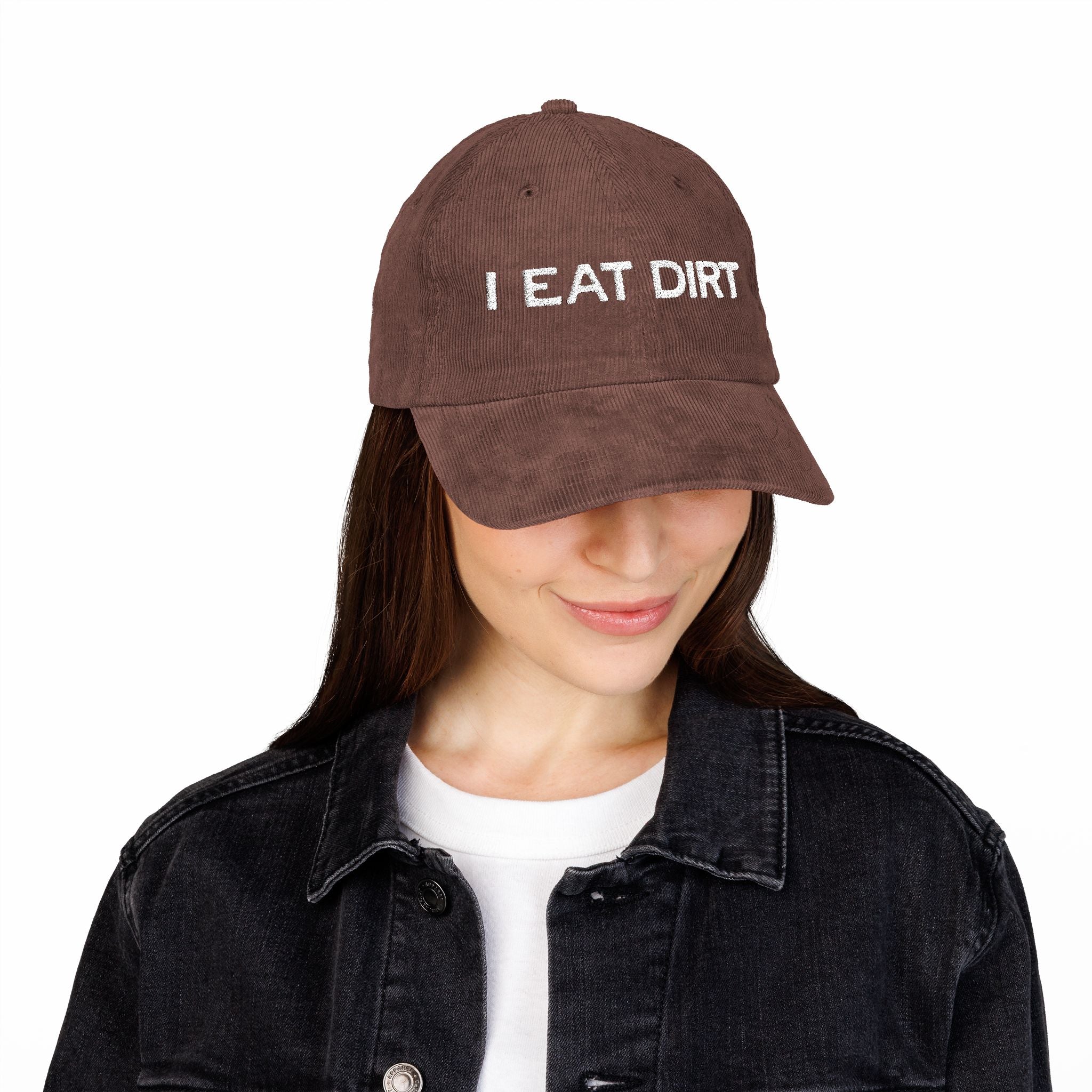I Eat Dirt Vintage Style Corduroy Cap with Embroidered Humor - Perfect for Outdoor Lovers, Casual Style, Gifts for Friends