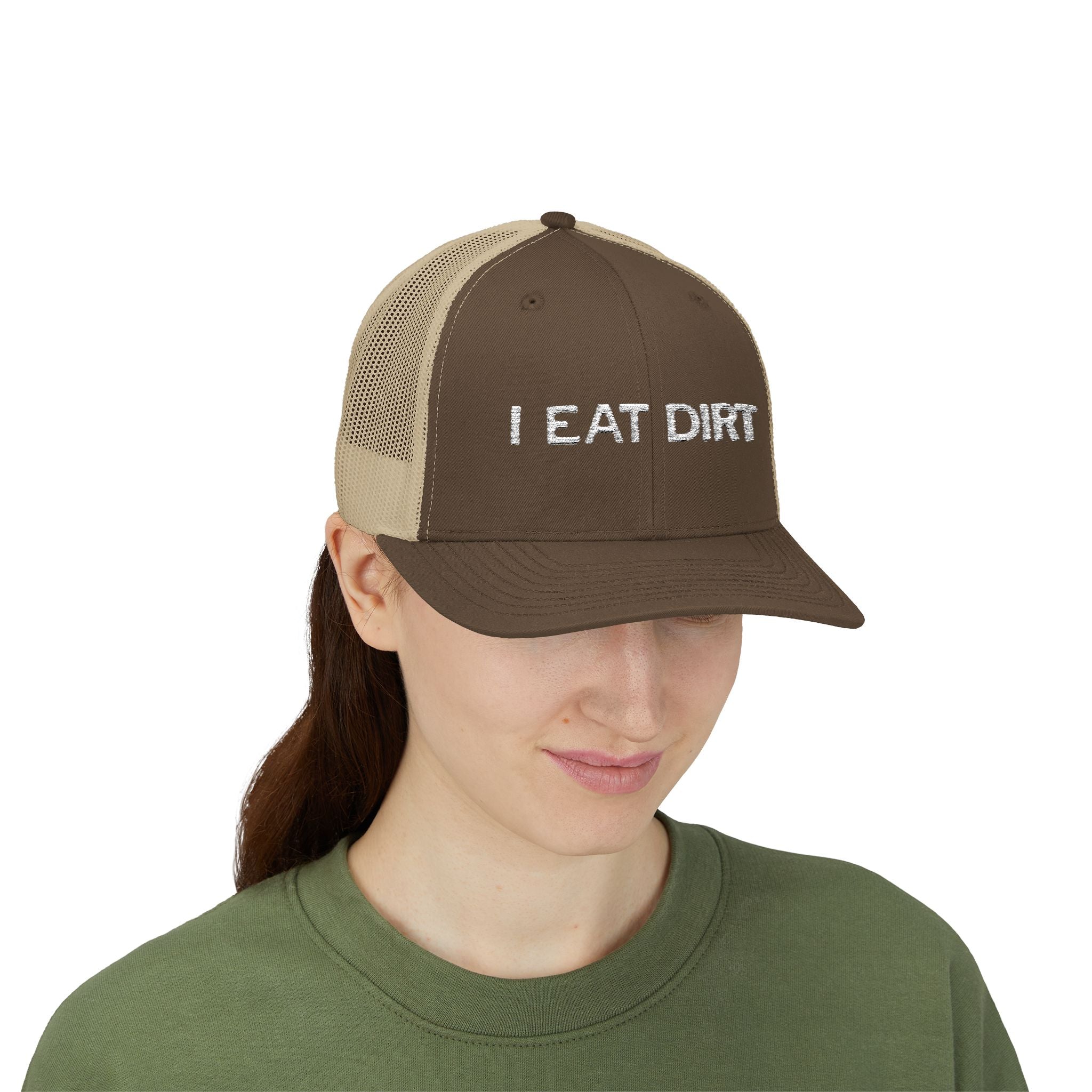I Eat Dirt Snapback Trucker Cap, Outdoor Cap, Gift for Dirt Lovers, Casual Hat, Fun Cap for Nature Enthusiasts