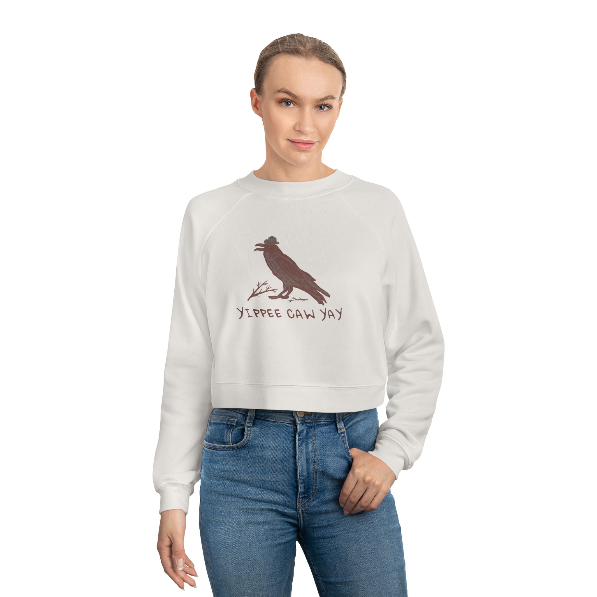 Women's Cropped Fleece Pullover with Crow Design, Trendy Sweatshirt, Cozy Layer, Gift for Western Lovers, Casual Wear, Fall Fashion