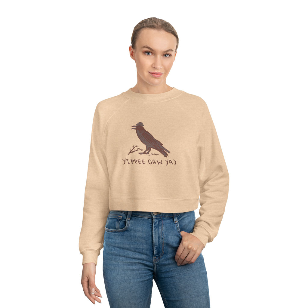 Women's Cropped Fleece Pullover with Crow Design, Trendy Sweatshirt, Cozy Layer, Gift for Western Lovers, Casual Wear, Fall Fashion