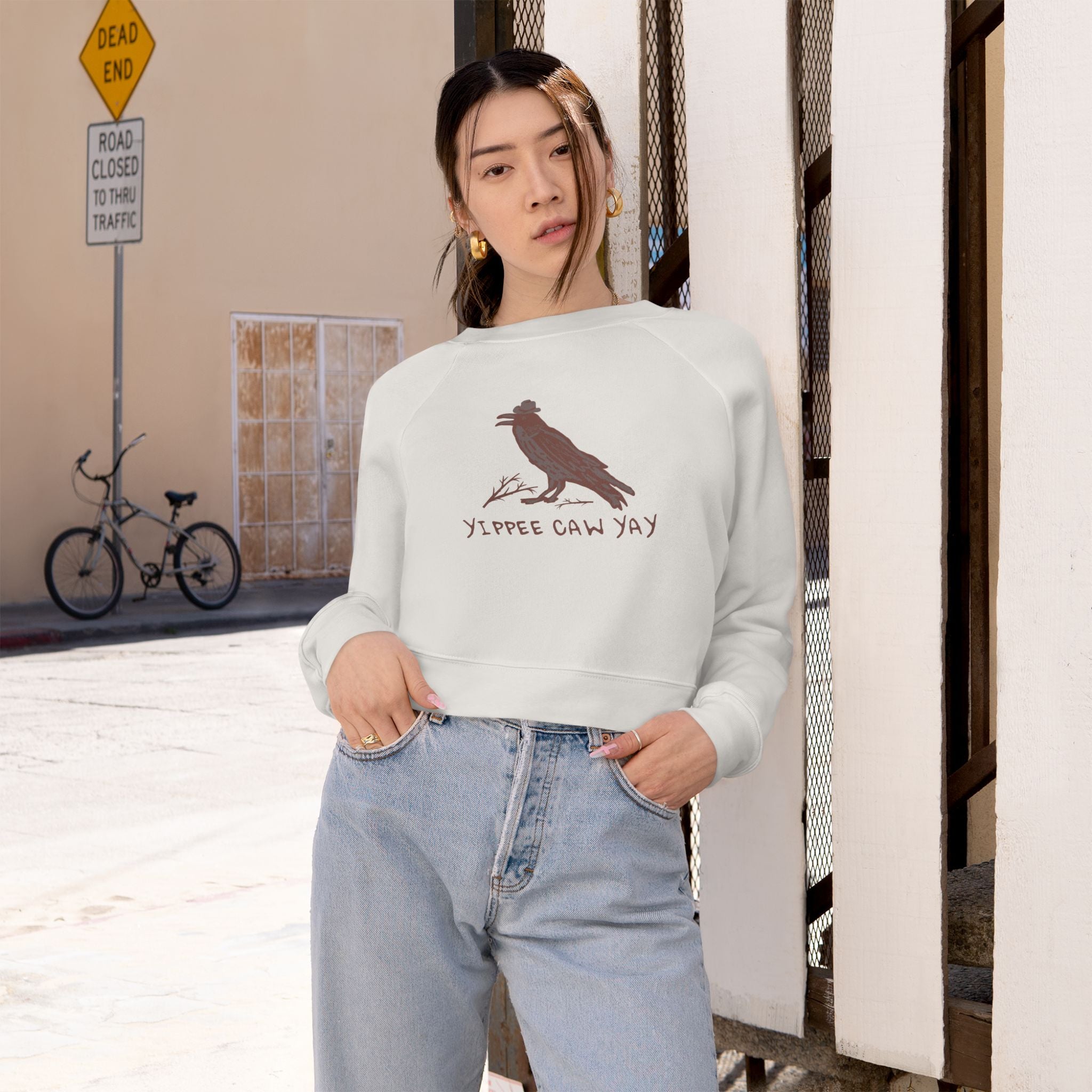 Women's Cropped Fleece Pullover with Crow Design, Trendy Sweatshirt, Cozy Layer, Gift for Western Lovers, Casual Wear, Fall Fashion